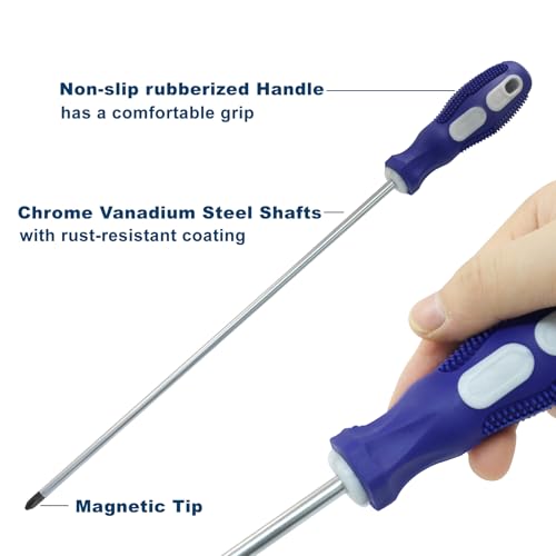 12-Inch Extra Long Slotted & Phillips Screwdriver Set, PH2 Magnetic Tip Flat Blade Cross-head Screwdrivers with Blue Rubber Handle (2-Pack) - size: Slotted & Phillips (Blue)