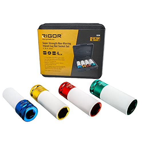 RIGOR 11516 Non-Marring Lug Nut Socket Set | Wheel Protector Impact Socket Set | 1/2" Drive, 6 Point, CR-MO | Metric 17mm, 19mm, 21mm, 22mm - size: 17mm, 19mm, 21mm, 22mm