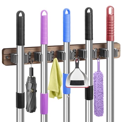 IMILLET Broom Holder Wall Mount, Rustic Wood Broom Hanger with 5 Racks and 4 Hooks, Laundry Room Organization and Storage, Mop Holder for Home Decor, Garden, Garage, Kitchen, Closet - style: Wooden-5 Slots Brown