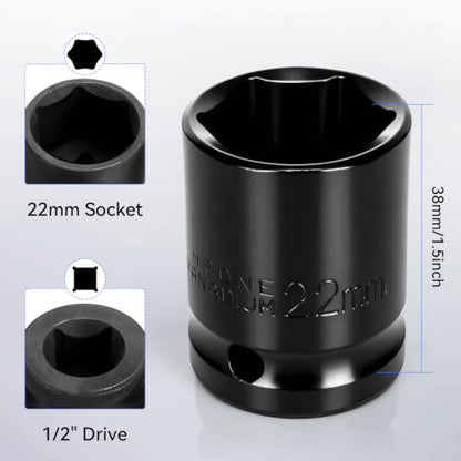 2PCS 22mm Impact Socket 1/2" Drive, 6 Point Metric Shallow Socket, CR-V Steel Heavy Duty Impact Wrench Socket for Automotive Repair - size: 22mm