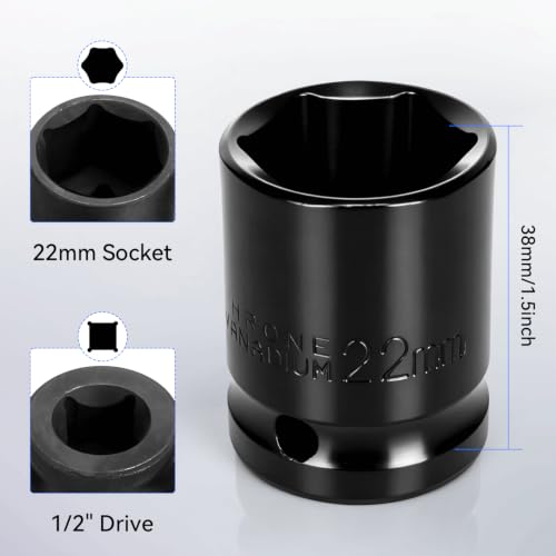 2PCS 22mm Impact Socket 1/2" Drive, 6 Point Metric Shallow Socket, CR-V Steel Heavy Duty Impact Wrench Socket for Automotive Repair - size: 22mm