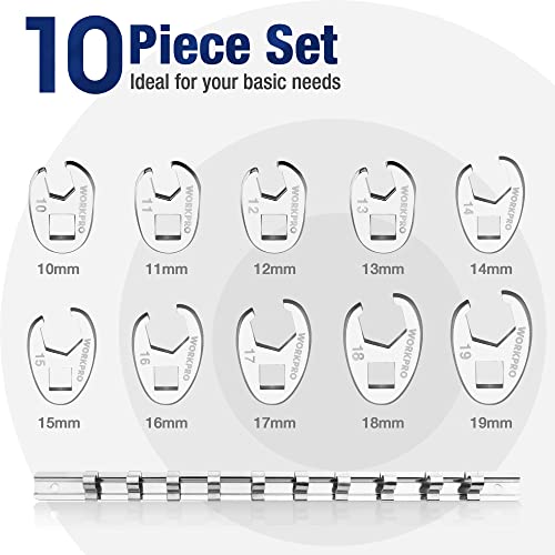 WORKPRO 3/8" Drive Flare Nut Wrench Set, 10-piece Crowfoot Flare Nut Tool Kit, Metric 10-19mm, Steel Wrench With Storage Rail for Nut Removal - size: Flare Nut Metric