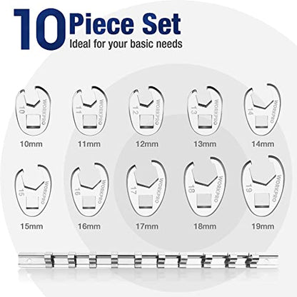 WORKPRO 3/8" Drive Flare Nut Wrench Set, 10-piece Crowfoot Flare Nut Tool Kit, Metric 10-19mm, Steel Wrench With Storage Rail for Nut Removal - size: Flare Nut Metric