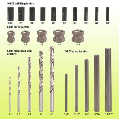 Broken Bolt Extractor, 25 PCS Extractor Set, Easy Out Drill Bit Guides, Drill Extractor Kit for Removing Stripped, Damaged, Rusted, Rounded-Off Bolts, Automotive Nuts & Screws
