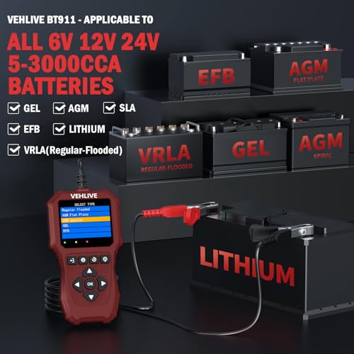 Car Battery Tester 6V 12V 24V with Lithium Battery Testing, BT911 5-3000CCA Automotive 12V&24V Dual Circuit Testing, Load/Alternator Tester, Charging Cranking System Tester for All Car Motorcycle Boat - color: Light Red