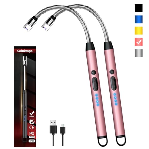 2 Pack Rechargeable Type C Electric Lighters, Rosegold | Flameless and Windproof, Plasma Arc, 360° Long Reach Flexible Neck, LED Power Display, For Candles, BBQ Grill & Camping - color: Rosegold