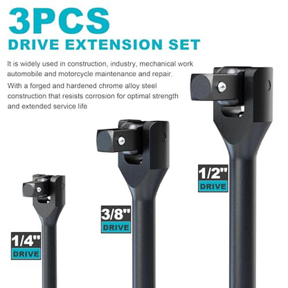 1/4" 3/8" 1/2" Drive Breaker Bar, 3PCS Breaker Bar Set, 7" 12" 16" Length, 180° Rotatable Head, Extension Breaker Bar Set, Auto Repair, Mechanical Repair
