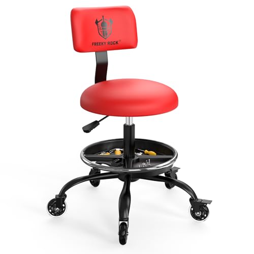 Rolling Shop Stool with Wheels, Garage Mechanic Stool Chair with Backrest, Height Adjustable Heavy Duty Swivel Task Chair, Adjustable Footrest with Storage Tray for Garage Kitchen Salon Tattoo (Red) - color: Red