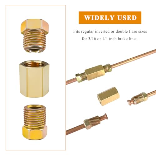 10 PCS Brake Line Fitting Kit, Rustproof Brass Inverted Flares Nuts for 3/16" Brake Line Tube, 3/8-24 UNF Inverted Flare Fittings Assortment for Vehicle Brake System Repair (35 PCS)