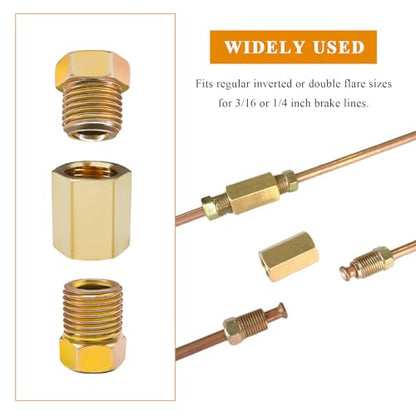 10 PCS Brake Line Fitting Kit, Rustproof Brass Inverted Flares Nuts for 3/16" Brake Line Tube, 3/8-24 UNF Inverted Flare Fittings Assortment for Vehicle Brake System Repair (35 PCS)