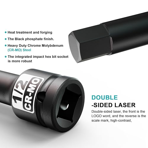 1/2" Drive H1/2-Inch Impact Hex Bit Socket, SAE Allen Bit Socket, Cr-Mo Steel, Removing Loosening Hexagon Bolts - size: 1/2" H1/2 Deep