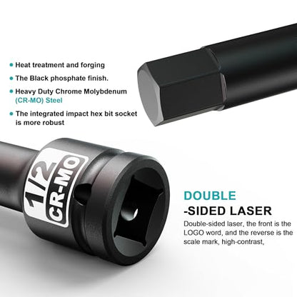 1/2" Drive H1/2-Inch Impact Hex Bit Socket, SAE Allen Bit Socket, Cr-Mo Steel, Removing Loosening Hexagon Bolts - size: 1/2" H1/2 Deep