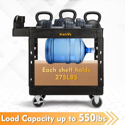ELAFROS 2-Tier Heavy Duty Utility Cart with Ergonomic Handle, 37.5 x 17 in | 550 lbs Capacity, Deep Shelves, Built-In Tool Compartments, Rolling Service Cart, Work Cart, Mobile Storage Organizer, Garage