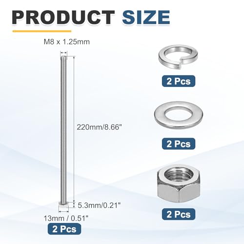 MECCANIXITY M8 x 220mm 304 Stainless Steel Hex Head Screws Bolts, Nuts, Flat & Lock Washers Assortment Kit, Fully Threaded, Bright Finish for Home, Electronic, Machine, 2 Sets - size: M8 x 220mm