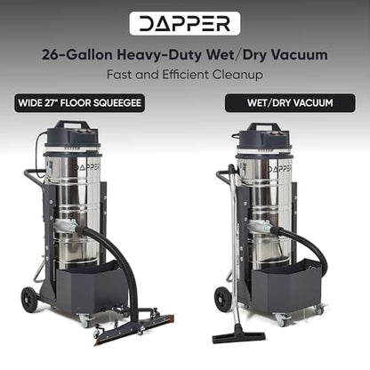 26.5 Gallon Heavy-Duty Industrial Wet/Dry Vacuum, Dual Motor, 3.3 HP, 222 CFM, 27" Squeegee, 120V/20A Plug, 2 Year Warranty - Ideal for Construction Sites, Warehouses & Industrial Cleanup - size: 26.5 Gal