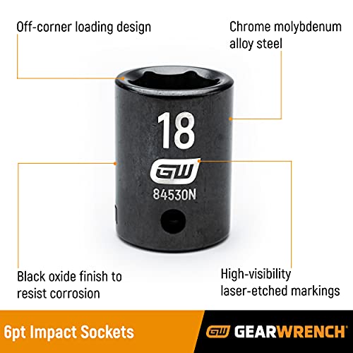 GEARWRENCH 19 Pc. 1/2" Drive 6 Pt. Standard Impact Socket Set, SAE - 84932N - size: 1/2", style: 19-piece kit