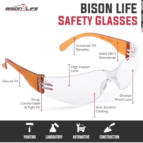 BISON LIFE Clear Safety Glasses – ANSI Z87.1 Certified Scratch & Impact Resistant Eye Protection Goggles for Men & Women - color: Clear/Orange