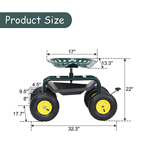 Kinfant Rolling Garden Cart with Seat - Garden Scooter Rolling Stool Gardening Cart with Tool Storage Basket & Swivel Seat - color: Green&yellow