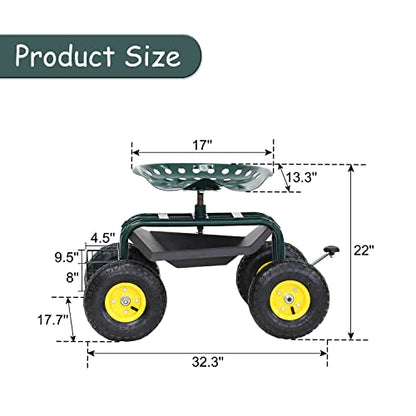 Kinfant Rolling Garden Cart with Seat - Garden Scooter Rolling Stool Gardening Cart with Tool Storage Basket & Swivel Seat - color: Green&yellow