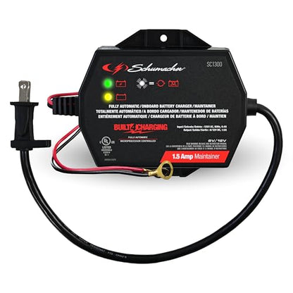 Schumacher Electric 1.5A Car Battery Charger and Maintainer, 3-in-1 Solution, for 6V/12V Power Sport, Automotive, and Marine Batteries, SC1300