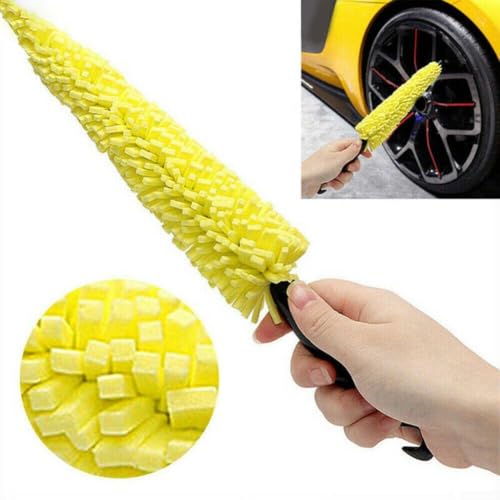 Car Wheel Brush Soft Bristle Rim Cleaner Tool for Tire Washing - Flexible Sponge Head Removes Brake Dust on SUV Truck - 35cm Yellow