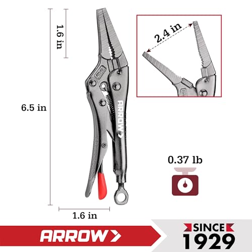 ARROW 6.5 in Needle Nose Locking Pliers, CR-MO Jaw, Long Nose Locking Pliers, Adjustable Clamping Pressure with Through-Hole Screw, Trigger Release, Ideal for Tight Spaces - size: 6.5 in
