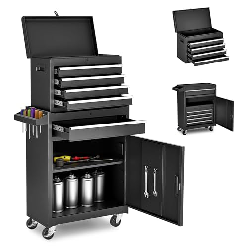 5-Drawer Rolling Tool Chest with Detachable Top Toolbox | Lockable Steel Tool Chest with Wheels,Drawer Liners,Enhanced Packaging for Garage,Workshop,Mechanic, Black - color: Black, style: 5 drawer-detachable