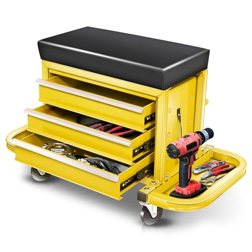 Auto Dynasty 3-Drawer Mechanic Rolling Seat, 350 LBS Capacity Roller Garage Shop Seat with Storage Tool Tray for Workshop, Repair Shop, Warehouse, Yellow - color: Yellow