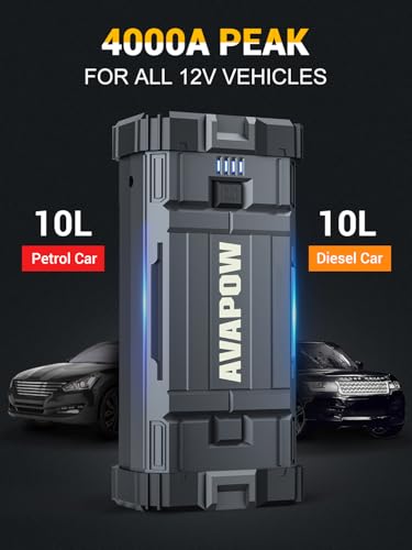 AVAPOW Car Jump Starter, 4000A Peak Battery | For All Gas or Up to 10L Diesel, Portable Booster Power Pack, 12V Auto Jump Box with LED Light, USB Quick Charge 3.0
