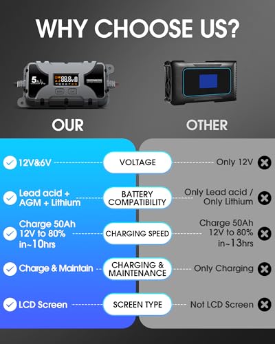 5A Car Battery Charger, 12V 6V Trickle Charger for Car Motorcycle Battery, Automobile Battery Maintainer with LCD Display, Pulse Repair Desulfator for Lead Acid, AGM, Lithium Batteries (Silver)