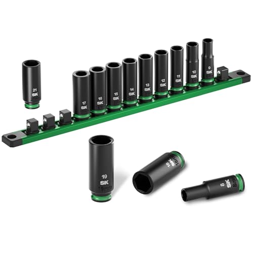 SK 3/8" Drive Impact Socket Set, Deep Metric Sockets, 13-Piece 8 to 21mm | Premium CR-MO Steel, SureGrip 6 Point Design, with Aluminum Socket Organizer - size: 3/8"-13PCS