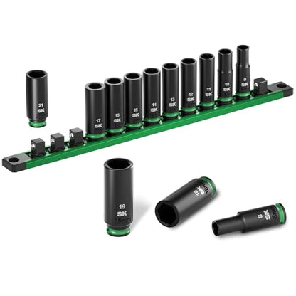 SK 3/8" Drive Impact Socket Set, Deep Metric Sockets, 13-Piece 8 to 21mm | Premium CR-MO Steel, SureGrip 6 Point Design, with Aluminum Socket Organizer - size: 3/8"-13PCS