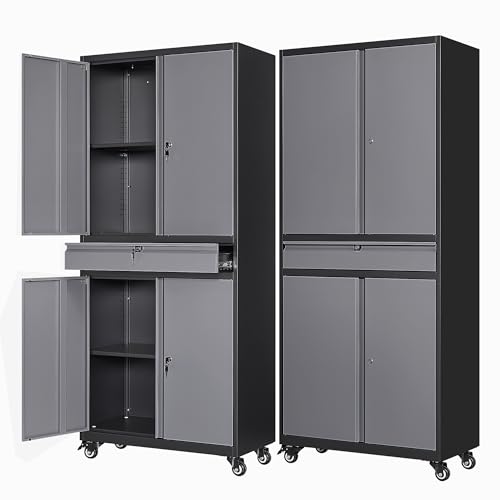 Metal Garage Storage Cabinet with Wheels,72” Rolling Tool Cabinet with 4 Door Lock-Adjustable Shelves and Drawer for Garage Home Office Utility Room (Black&Gray with Wheels) - color: Black Grey, size: 1 Drawer-Wheels