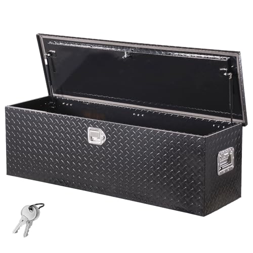 VEVOR Heavy Duty Aluminum Truck Bed Tool Box, Diamond Plate Tool Box with Side Handle and Lock Keys, Storage Toolbox Chest Organizer for Trailer, Pickup, Truck Bed, RV, 49"x15"x15", Black - color: Black, size: 49 in