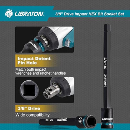 LIBRATON 3/8" Drive Long Impact Hex Bit Socket Set, Allen Bit Sockets, S2 Steel Hex Head Sockets, 20PCS Allen Wrench Socket, SAE&Metric Allen Bit Socket Set, 6" Long Allen Key Socket, Blow Molded Box