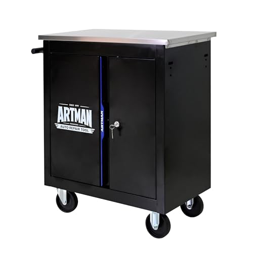 1 Cabinet Heavy Duty Rolling Tool Chest, Lockable Mobile Metal Tool Cart with Stainless Steel Worktop, Garage Tool Storage Cabinet for Workshop Auto Repair, Black & Blue, 30.7" H × 25.9" W - size: 1 Cabinet