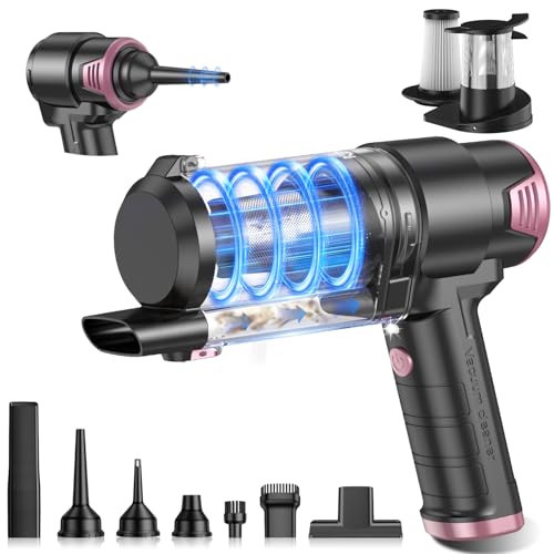 KMM Handheld Car Vacuum Cleaner, 16000PA Air Duster & Vacuum Cleaner, 120W High Power Hand Held Vacuum Cordless, Portable Vacuum Rechargeable with Multi-Nozzles & LED Light for Car, Home, Pet, Office - color: Pink & Black
