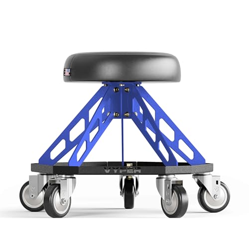 Vyper Robust Steel Pro Garage Stool Large Wheels, Blue Frame | Robust steel garage stool with 400 lb capacity, large industrial casters, foam seat, tool tray, and red frame for auto or DIY - color: Black Seat, Blue Frame