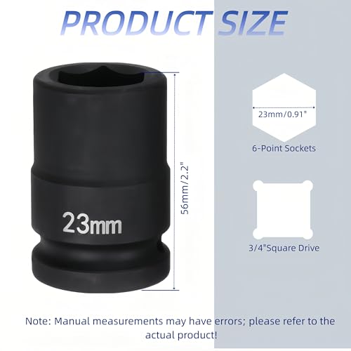 3/4"Drive x 23mm Metric, 6-Point Deep Impact Socket, Axle Nut Impact Socket | 40CR Alloy Steel,Clear labeling, Common Tools for Car Repair/Mechanical Work/Construction/Carpentry and Home Maintenance - size: 23mm