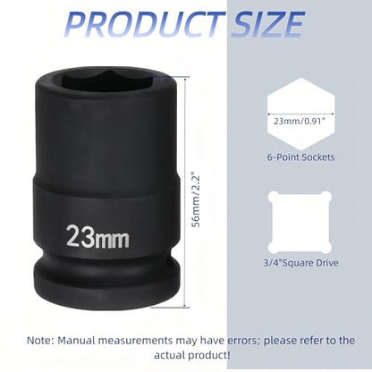 3/4"Drive x 23mm Metric, 6-Point Deep Impact Socket, Axle Nut Impact Socket | 40CR Alloy Steel,Clear labeling, Common Tools for Car Repair/Mechanical Work/Construction/Carpentry and Home Maintenance - size: 23mm