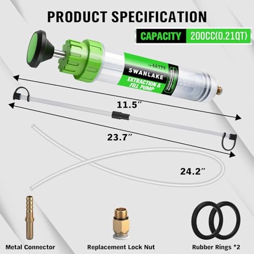 SWANLAKE 200cc Fluid Extractor & Fill Pump, Automotive Fluid Pump Extractor, Oil Change Pumps with 23'' Long Hose, 2PCS 12'' Extension Tubes, Suction Pumps for Lawn Mowers Cars - size: 200ML with Hose