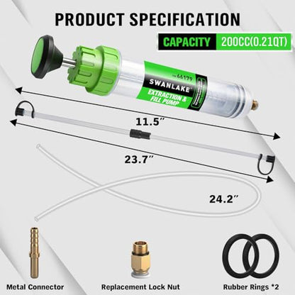 SWANLAKE 200cc Fluid Extractor & Fill Pump, Automotive Fluid Pump Extractor, Oil Change Pumps with 23'' Long Hose, 2PCS 12'' Extension Tubes, Suction Pumps for Lawn Mowers Cars - size: 200ML with Hose