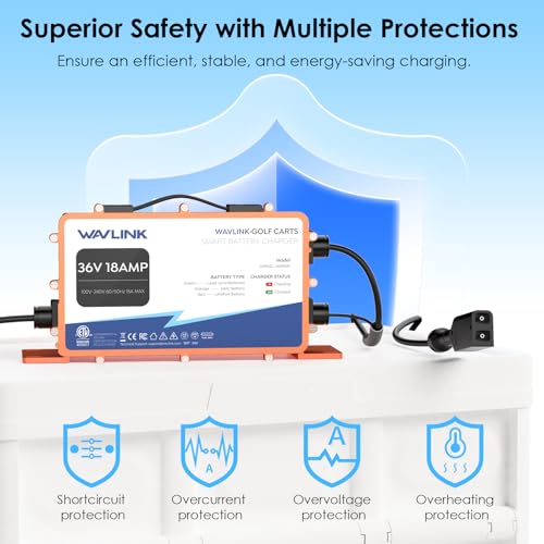 WAVLINK 36V 18A Golf Cart Battery Charger | IP67 Waterproof, compatible with LiFePO4/NMC/Lead-Acid, D Plug fits TXT & EZGO