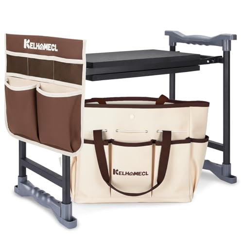 Garden Kneeler and Seat, Extra Wide Thick EVA Pad, Heavy Duty Foldable Garden Bench Holds 350lbs, Ergonomic Kneeling Stool with Garden Tool Pouches, Gardening Gifts for Women, Men, Seniors - color: Beige & Coffee Brown