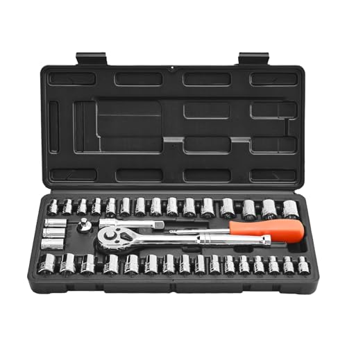 VEVOR Socket Set, 39 Pieces, 3/8 & 1/4 inch Drive Socket and Ratchet Set, SAE and Metric Size, Mechanic Tool Kit with Ratchet Wrench, Accessories, Storage Case, CR-V Alloy Steel, for Automotive Repair - size: 1/4"&3/8", style: 39 PCS