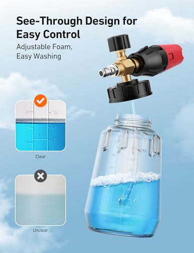 AstroAI Foam Cannon for Pressure Washer, Snow Clear Foam Cannon, Wide Neck Foam Blaster Adjustable Nozzle for Car Wash Accessories, with 1/4 Inch Quick Connector,1 L Clear Bottle - size: 1L BOTTLE,without tips