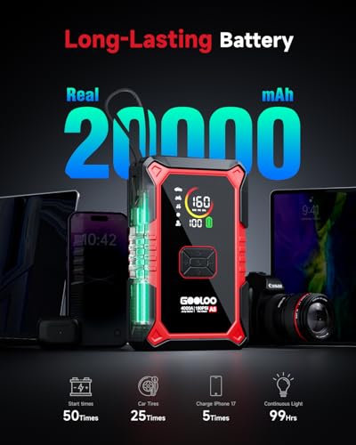 GOOLOO A5 Jump Starter with Air Compressor, 4000A Car Battery Jump Starter (All Gas/10.0L Diesel) with 160PSI Tire Inflator Auto-Off, 45W PD Fast Charging, 12V Jump Box Car Jumper Starter Portable - color: Red