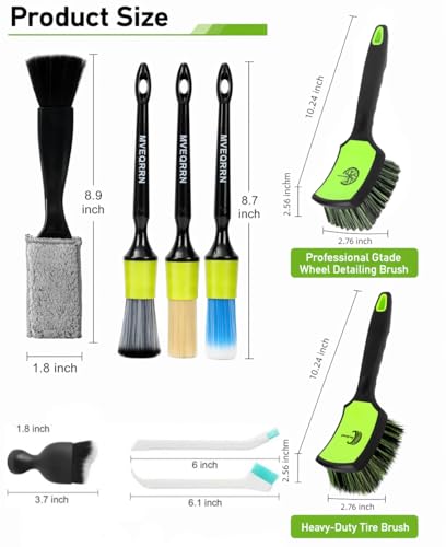 MVEQRRN 9PCS Car Detailing Brush Set, Boar Hair Detailing Brushes,Car Detailing Wheel Kit (Green) | Soft & Stiff Bristles Auto Detailing Brush,Wheel & Tire Brush,Interior & Exterior Car Brush,Car Wash Kit for Cars,Trucks,SUVs - color: 9pcs green detail wh