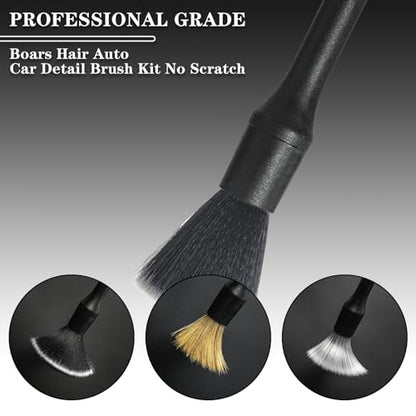 Detailing Brush Set, 3Pack Car Detailing Brushes for Dashboard Engine Bay Air Vents Leather Seat Wheel Vehicle Motorcycle Boars Hair Interior Detail Brush with Conversion Elbow, Black - color: Black