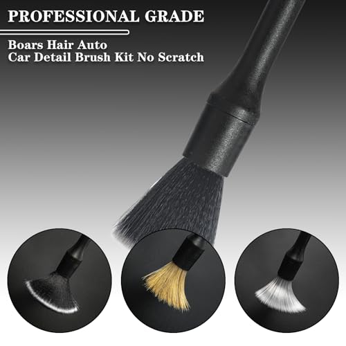 Detailing Brush Set, 3Pack Car Detailing Brushes for Dashboard Engine Bay Air Vents Leather Seat Wheel Vehicle Motorcycle Boars Hair Interior Detail Brush with Conversion Elbow, Black
